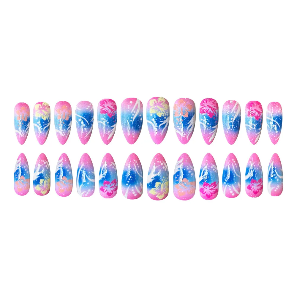 24 قطعة التدرج الوردي الأزرق الأظافر كاذبة الخيال اللوز النساء الفتيات يمكن ارتداؤها الأظافر وهمية زهرة مطبوعة اللؤلؤ Desings اضغط على الأظافر