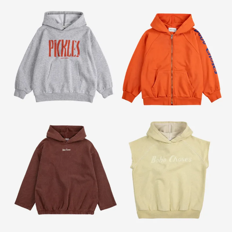 Sweat à capuche pour enfants 2026 – Nouveau modèle en coton doux de couleur unie, confortable, à manches longues, pour le printemps et l'été