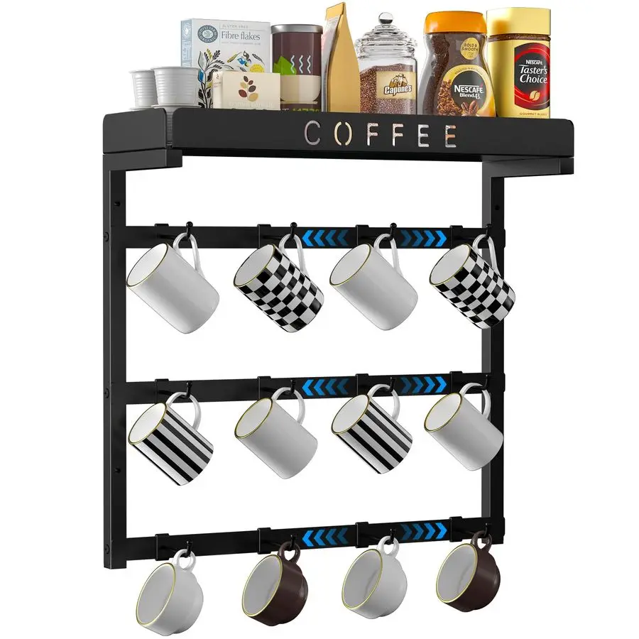 

Mug Holder Wall Mounted with 12 Movable Hooks, Metal Coffee Cup Holder with Top Shelf, Mug Rack Wall Mount for Home Kitchen Disp