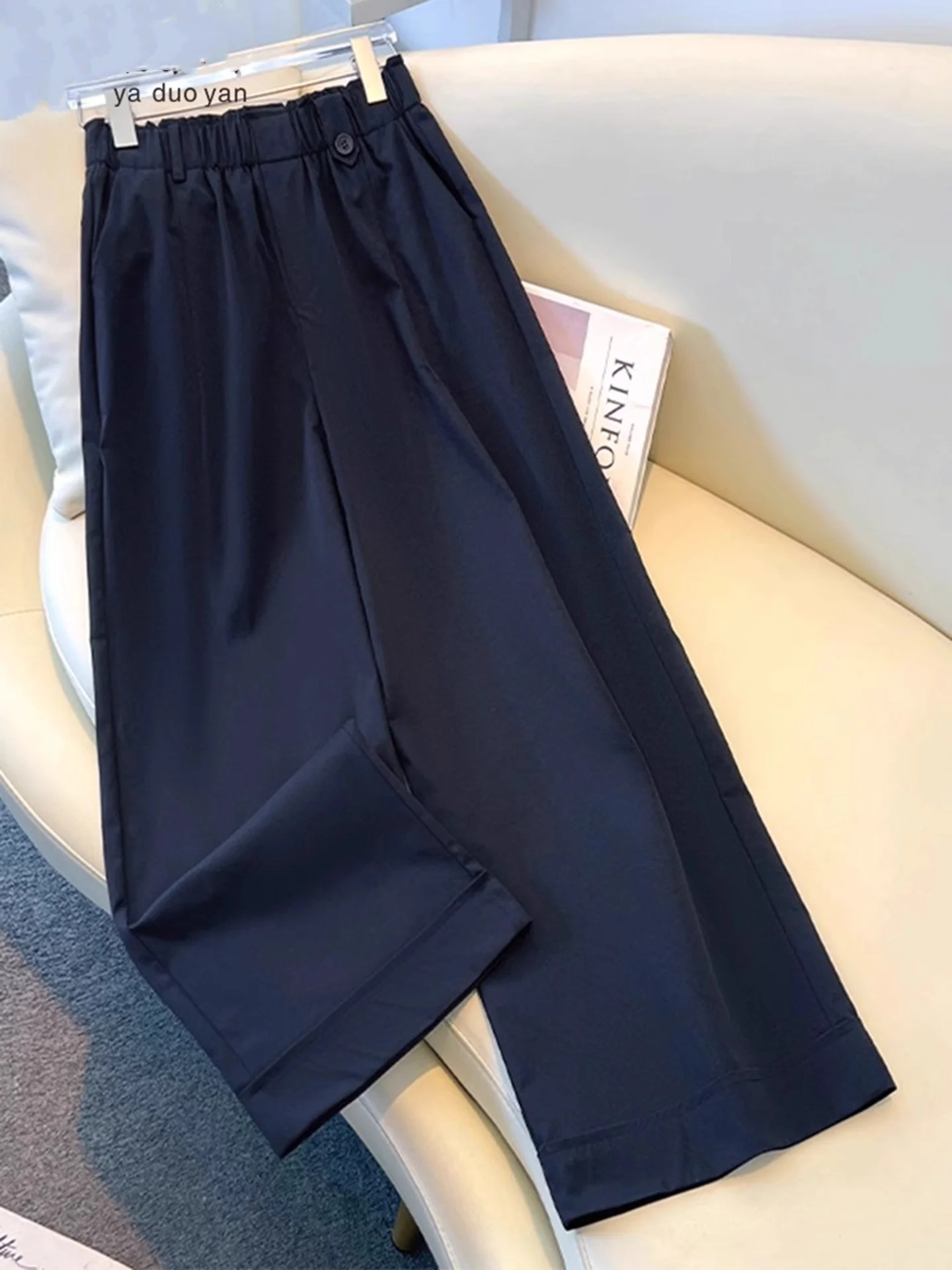  Cotton Wide Leg Pants Women's Summer Thin Elastic High Waist Loose Cuffed Nine Point Straight Leg Pants Dark Blue