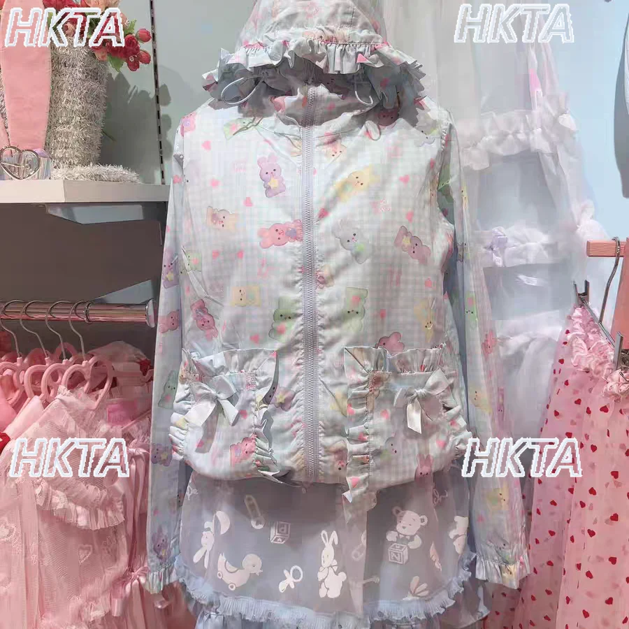 Japanese Sweet Cute Love Cat Print Ruffle Edge Cardigan Jacket Autumn New Hooded Design Long Sleeve Kawaii Lolita Jacket Women