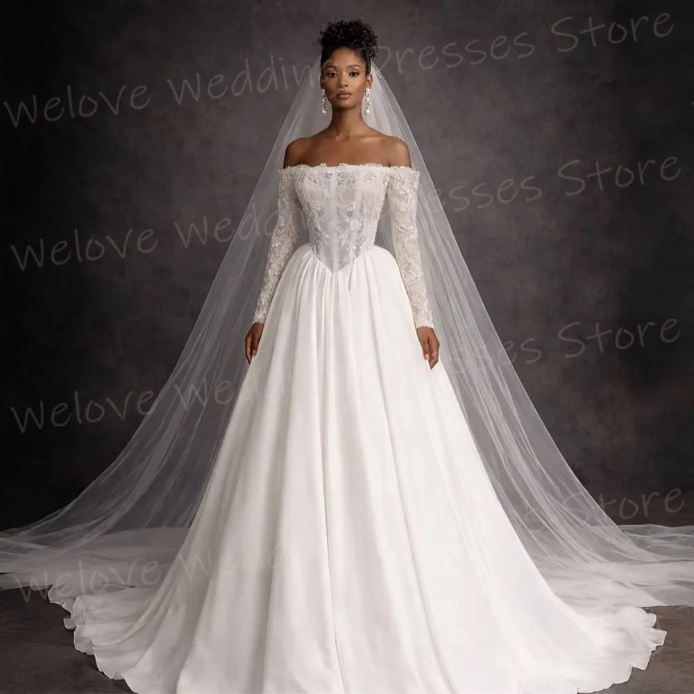 Elegante A-Linien-Brautkleider für Damen mit Spitze, schulterfrei, Robe De Mariée, maßgeschneiderte Brautkleider mit langen Ärmeln, Vestido De Novia