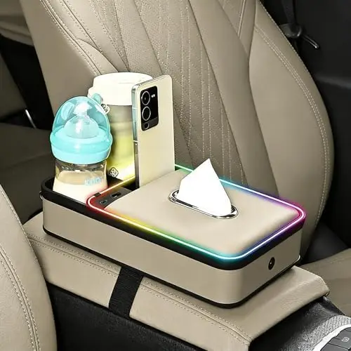 

5-in-1 Car Armrest Cover with LED Light & USB Charging – Beige