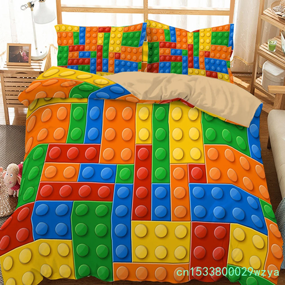 Colorful Toy Duvet Cover Funny Building Blocks Bedding Set With Pillowcases For Toddler Kids Teens Boys Girls Gift Bedroom Decor
