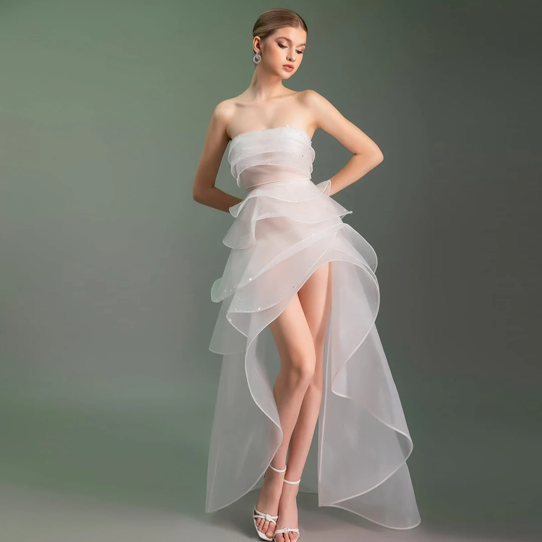 Customized Exquisite Strapless Sleeveless A-Line Wedding Dresses Fashion Tiered Ruffle Open Back Ankle Length Hi-Lo Bridal Gowns