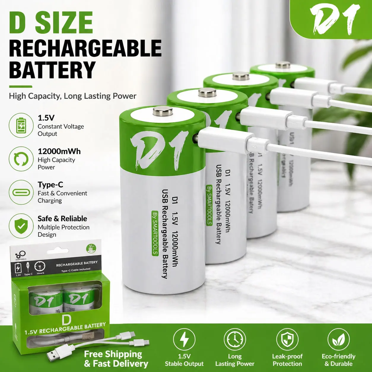 

1# LR20 D Size Battery 1.5V Li-ion 12000mWh Rechargeable USB Type-C Charging Design for Gas Cooker and Household Gas Equipment