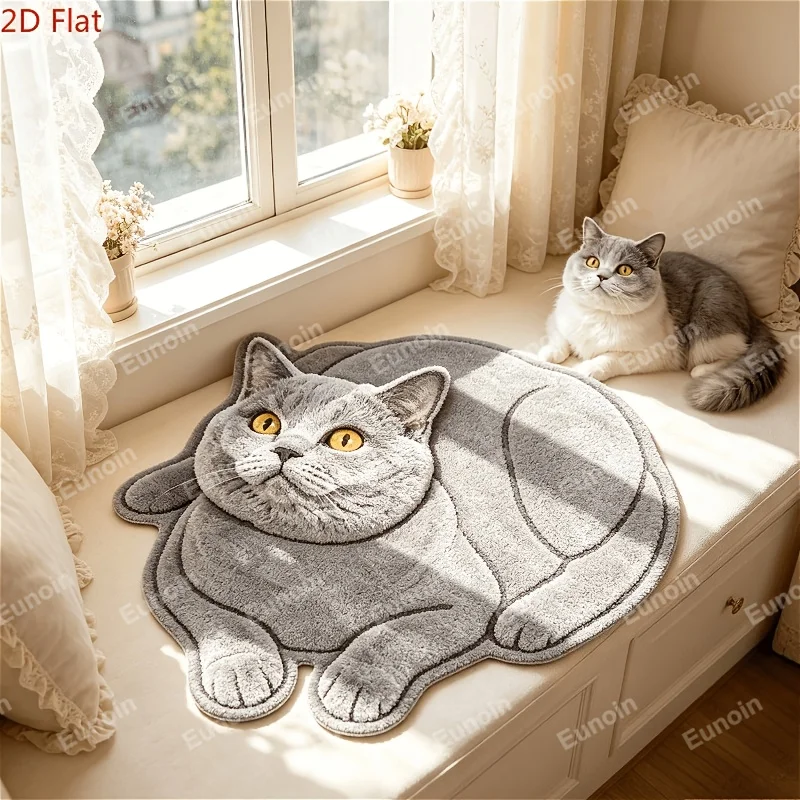 VIKAMA 2D Flat Print Blue Cat Rug Lying British Shorthair Shape Non Slip Oilproof Doormat For Bedroom Entrance Decor