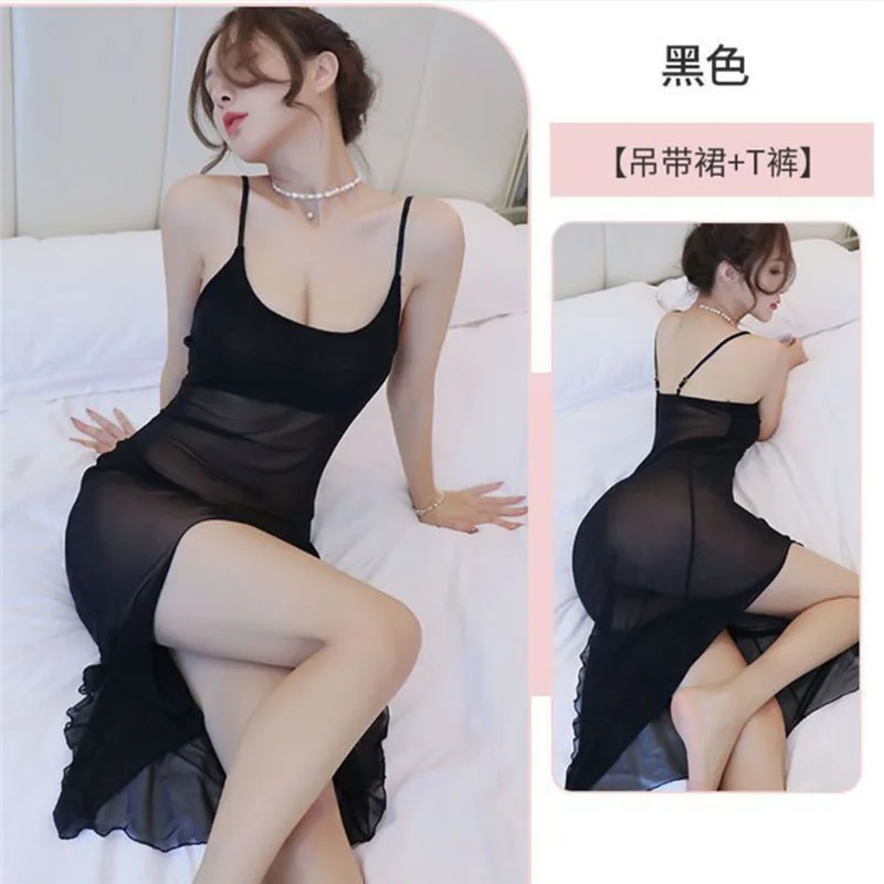 new Women\'s Sleep women Sleepshirts Fun Lingerie Sexy Strap Long Dress Transparent Pajamas Nightwear Mesh Dress Split Nightgowns