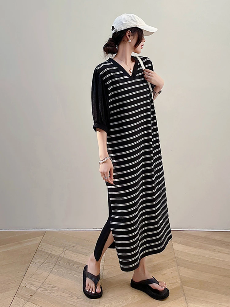 NYFS 2024 Summer New Korea Woman Dress Vestidos Robe Elbise Loose Plus Size Short Sleeve Striped Long Dresses