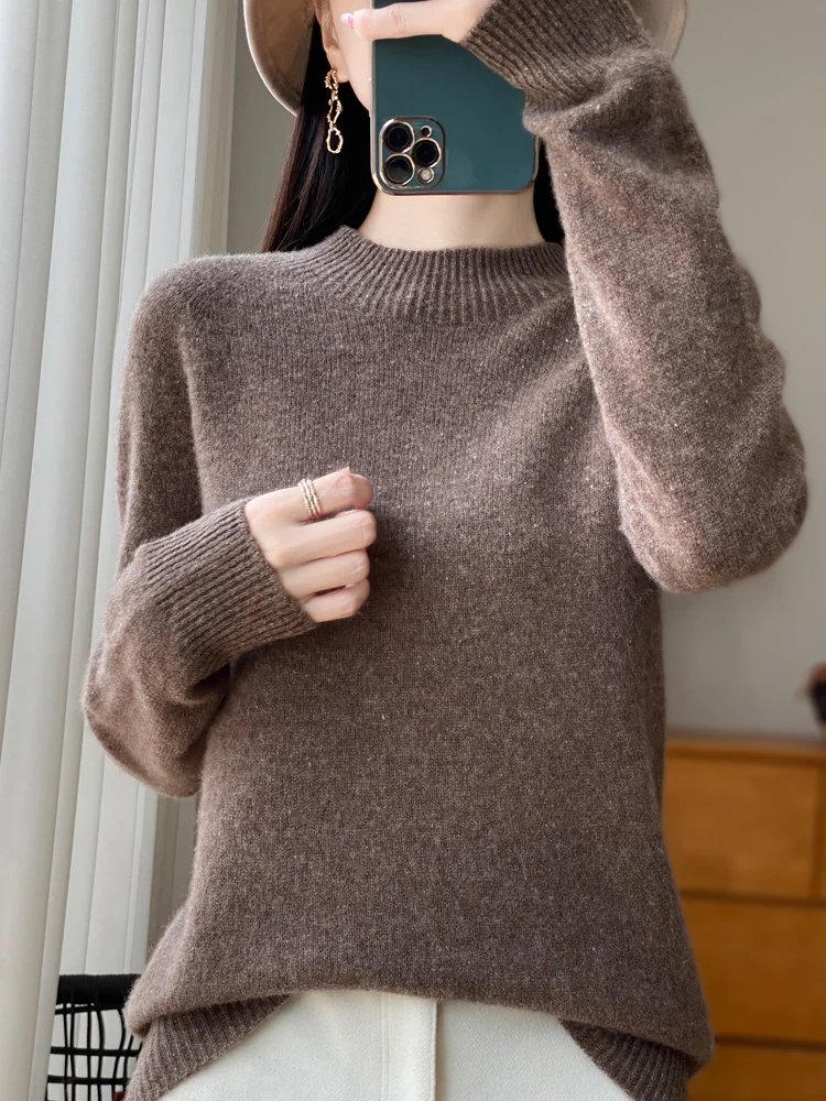 Autumn Winter Basic 100% Merino Wool Women Knitwear Sweater O-Neck Long Sleeved Dots Solid Color Warm Pullover Clothing Tops