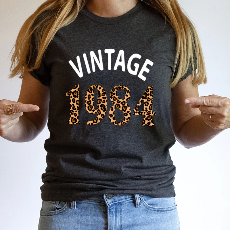 Women's T-Shirt Vintage 1984 Round Neck Tops Leopard Print Birthday Year Graphics T Shirt Funny Short Sleeve Streetwear Tshirt