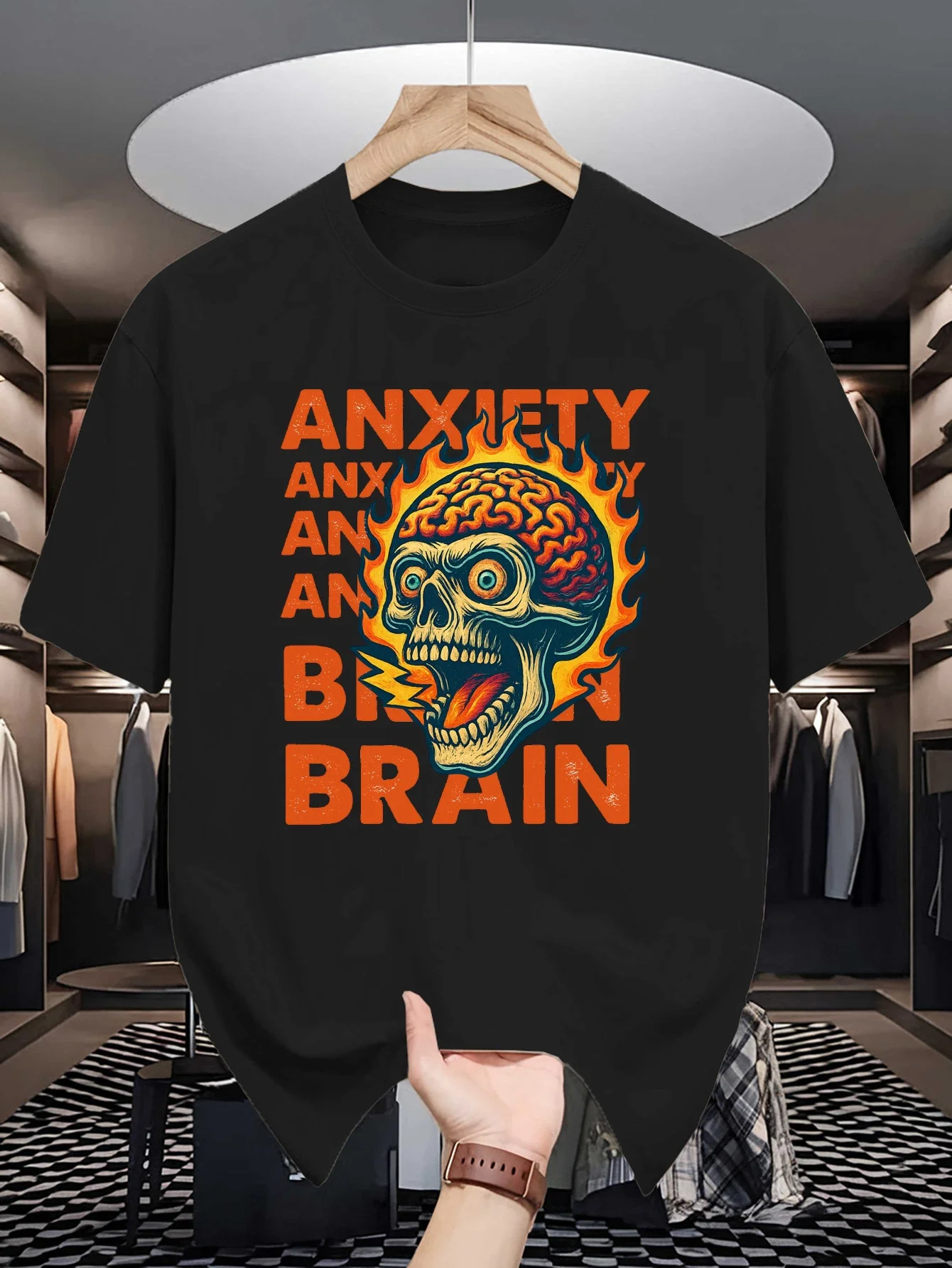 Mens Crew Neck T Shirt Anxiety Brain Flame Skull Retro Graphic Short Sleeve Casual Cotton Dark Punk Vintage Streetwear Tees