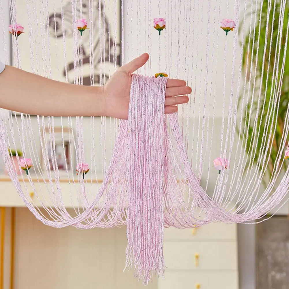 Door Curtain Elegant Rose Sequin Door String Curtain Panel for Home Window Decoration Stylish Room Divider with Fringe Tassel