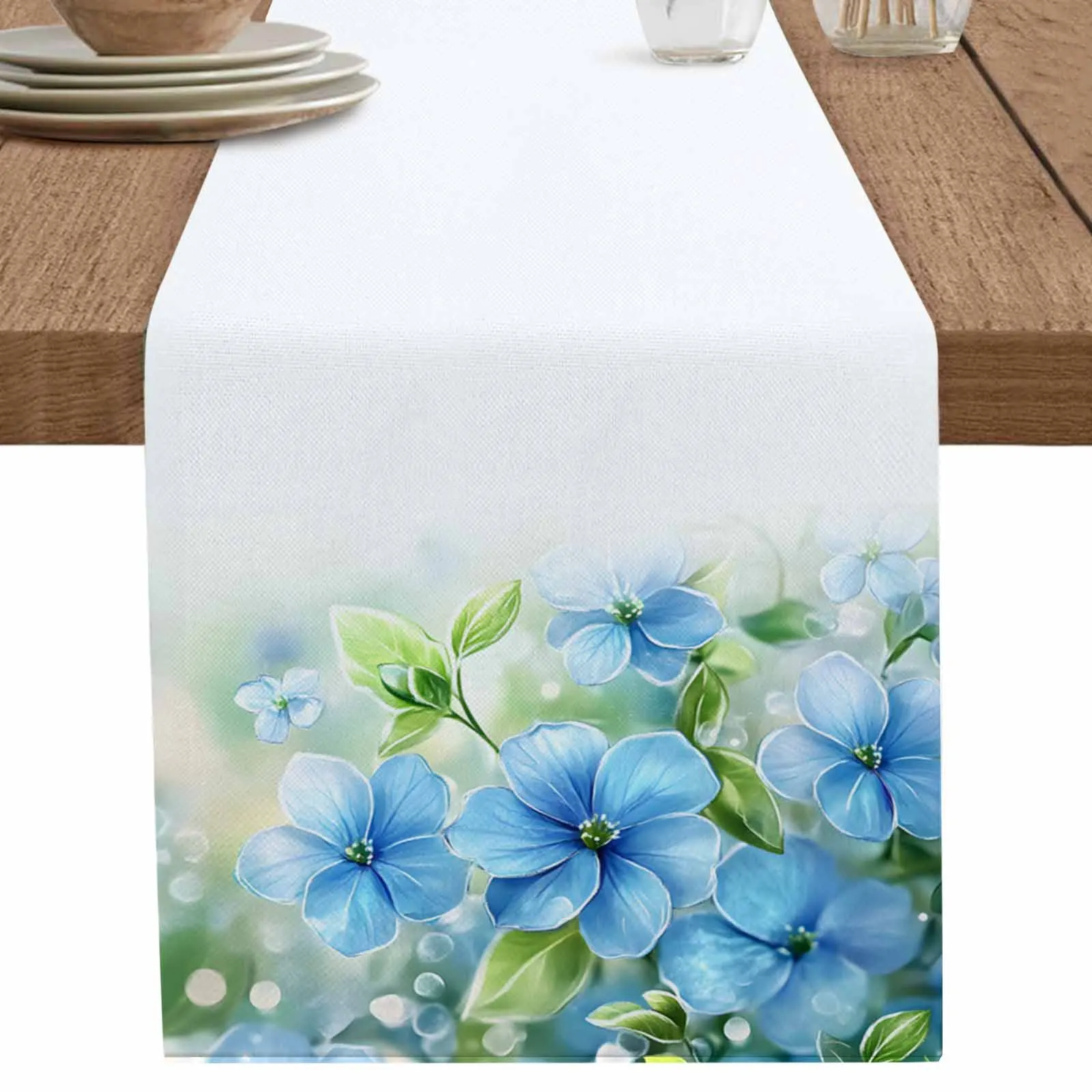 

Spring Blue Watercolor Flower Leaf Table Runner Kitchen Decor Tablecloth Placemat Hotel Home Wedding Decor Table Runners