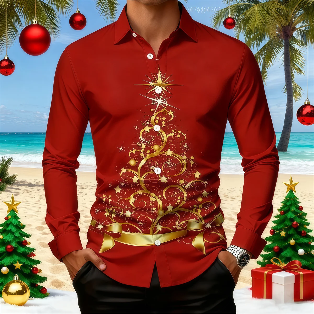 

14-color men's long-sleeved shirt with bow tie, Christmas tree design, holiday party shirt, plus size, fast shipping.