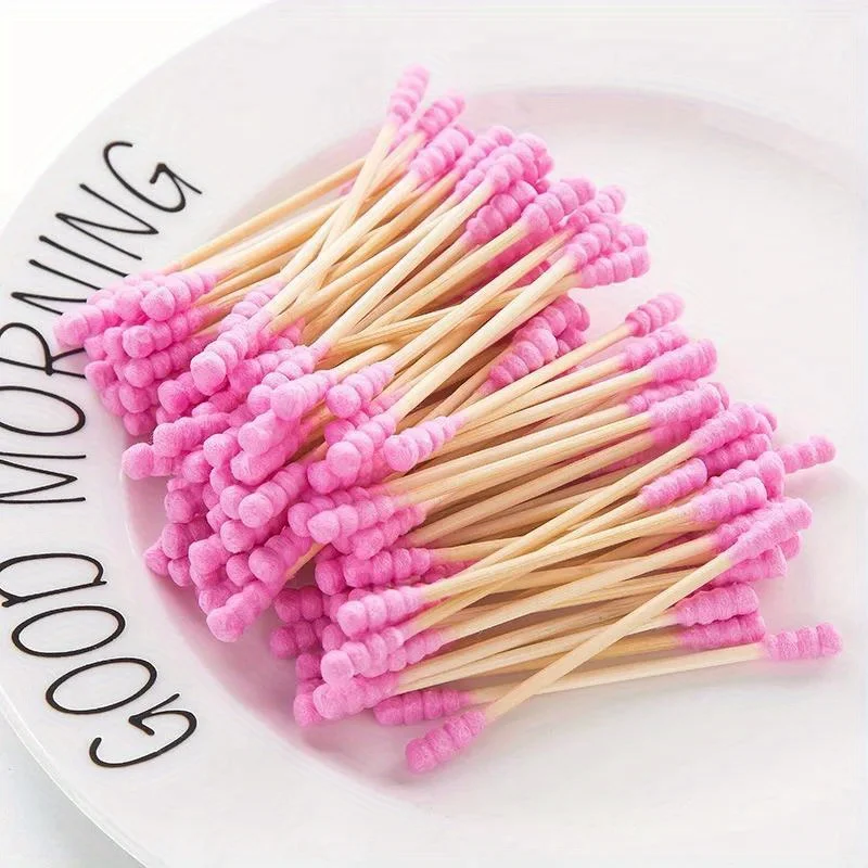 100 Sticks Per Box Pink Double-ended Cotton Swabs, Makeup Remover Sticks for Women, Nose Ear Cleaning Stick (Not for Babies)