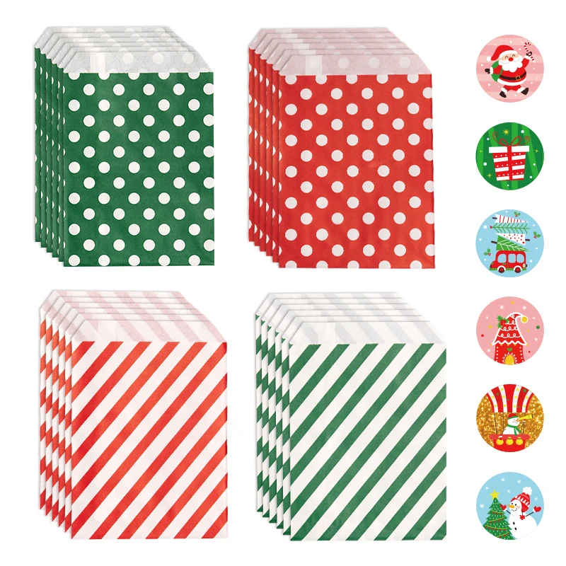 24Sets Christmas Candy Treat Bags Red Green Buffet Paper Bags with Xmas Sticker Holiday Party Favor Gift Bag Wrapping Supplies