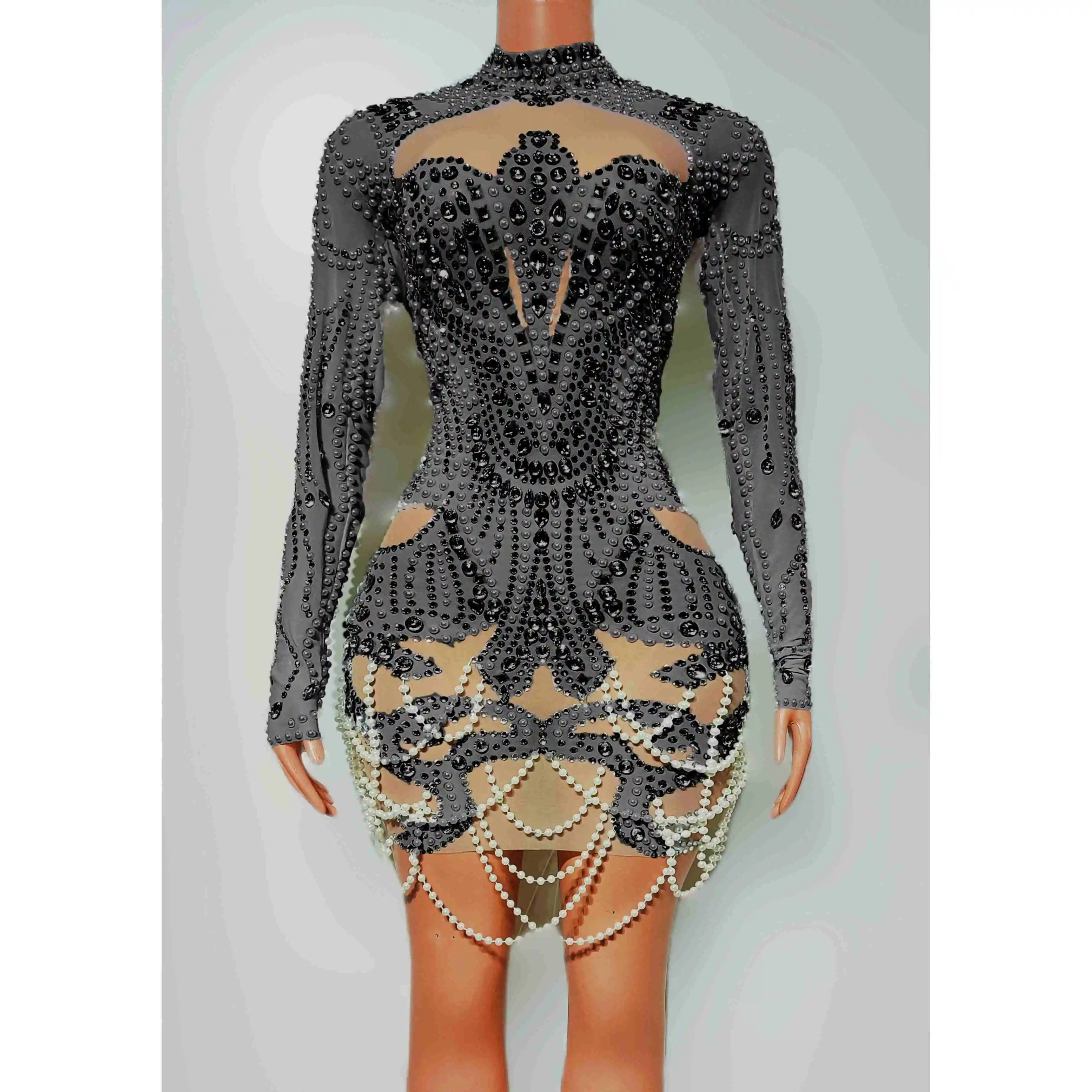 Party Dress Pearl Diamond Mesh Perspective Nightclub Bar Dj Performance Stage Costumes Women Gogo Group Festival Wear DN19603