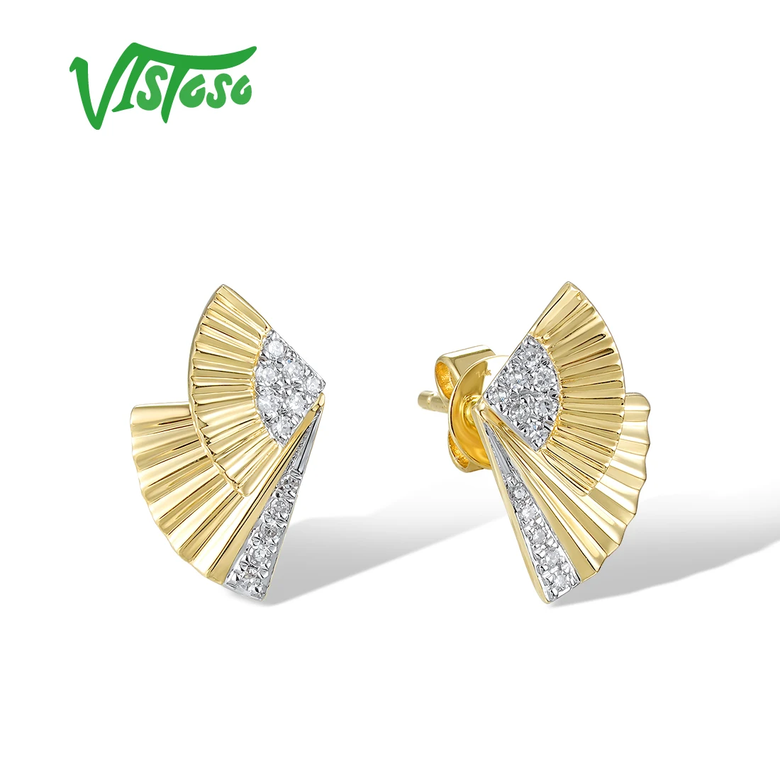 VISTOSO Pure 14K 585 Yellow Gold Stud Earrings For Women Sparkling Diamonds Unique Fan Shape Wedding Trendy Party Fine Jewelry