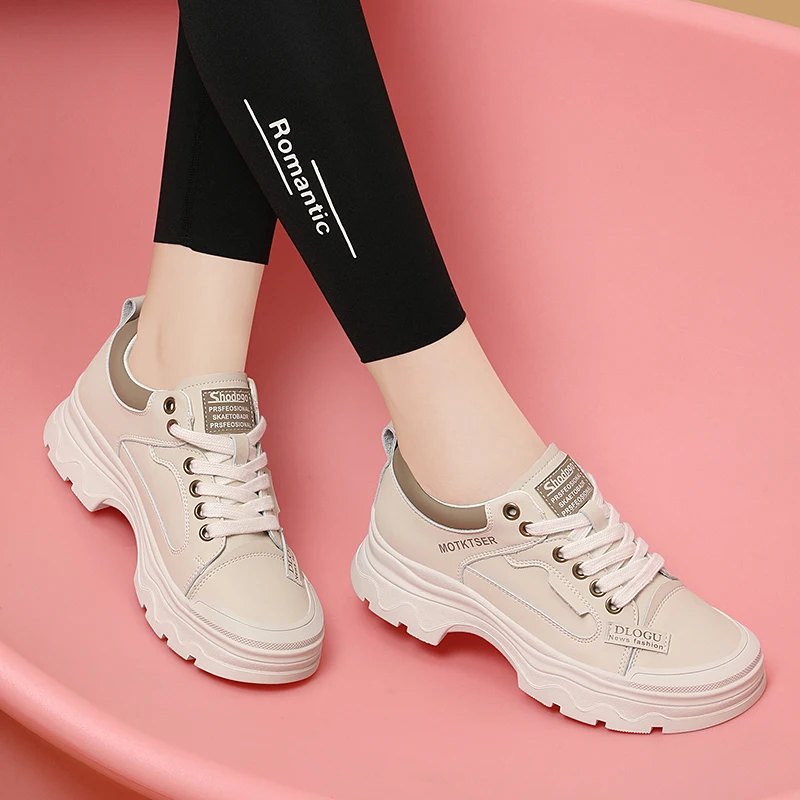 Genuine Leather Sneaker Trekking Footwear New Women\'s Shoes Thick-soled Platform Low Top Shoes Leisure Skateboard Women Walking