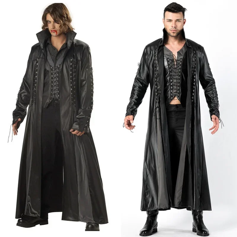 Halloween Deluxe Man Medieval Vampire Count PU Leather Fantasia Fancy Dress High Quality Costume