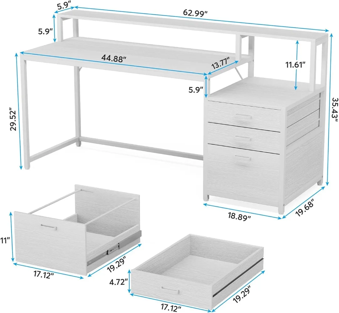 Tribesigns 63 Inch Computer Desk with File Drawer Cabinet, Ergonomic Office Desk with Monitor Stand, Computer Table