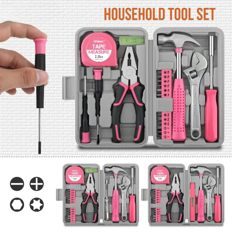 For Women & Car Care 18/19/20PCs Pink DIY Tool Kit with Electric Pen & CR-V Steel - Home Maintenance Hand Tools Set