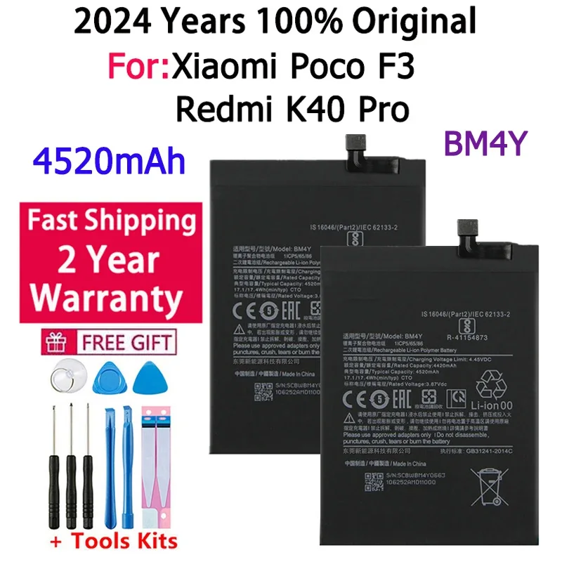 

Battery For Xiaomi Poco F3, 100% Original, 4520mAh, BM4Y, Redmi K40 Pro, K40Pro Batteries, Free Tools, Fast Shipping