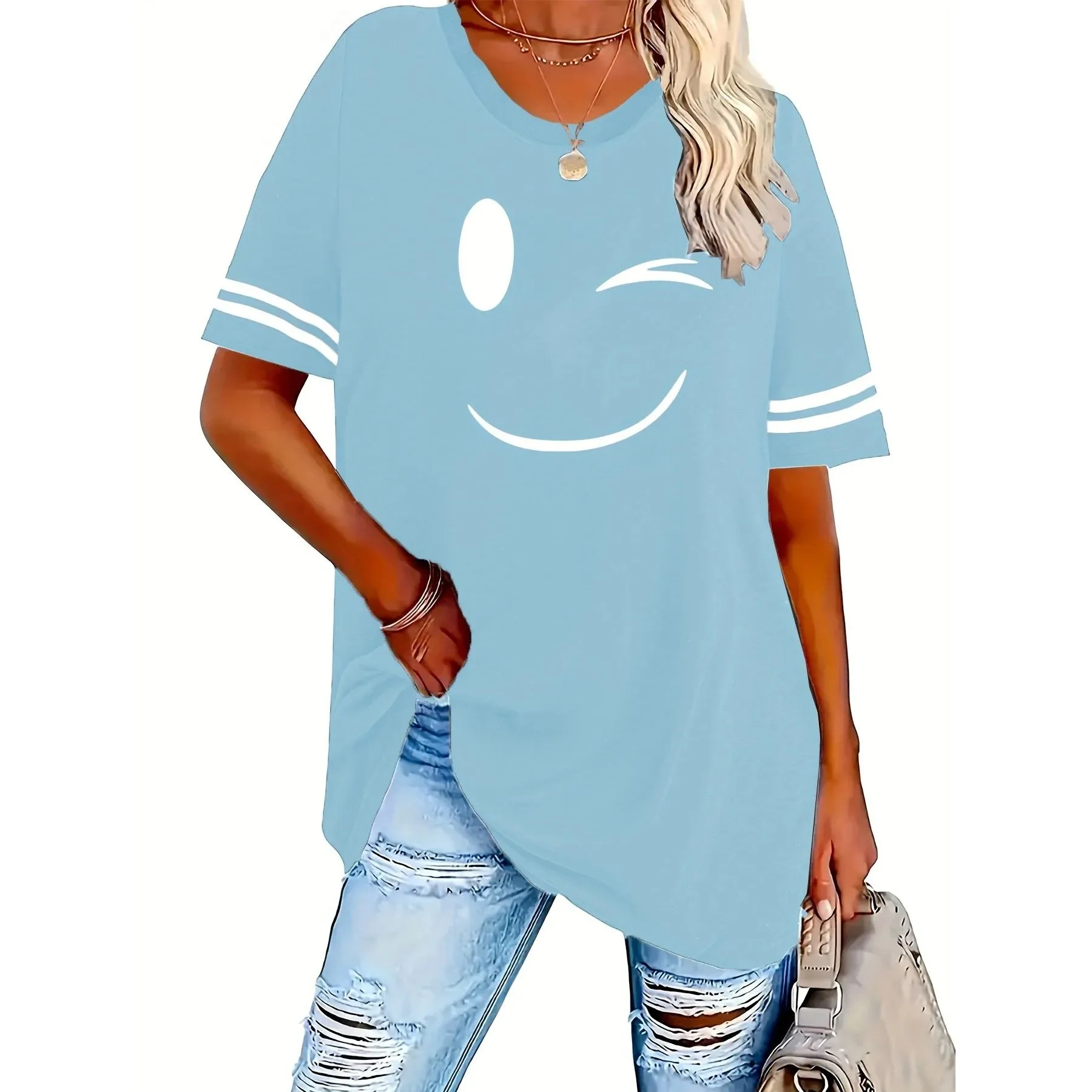 

Новая летняя женская футболка больших размеров с мультяшным принтом Cleanfit Sle A-Line Sve Другой материал 00% без нагрудника