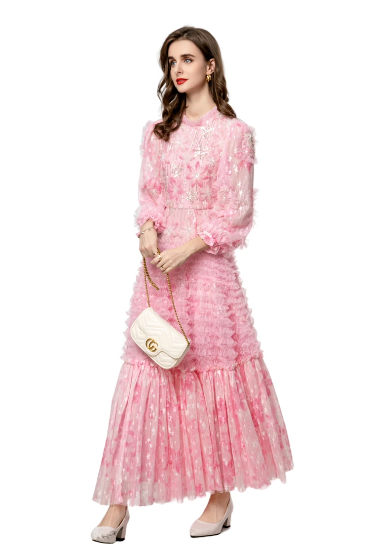 Vestidos femininos o pescoço mangas compridas impresso em camadas babados elegante designer de moda festa vestidos vestido de noite