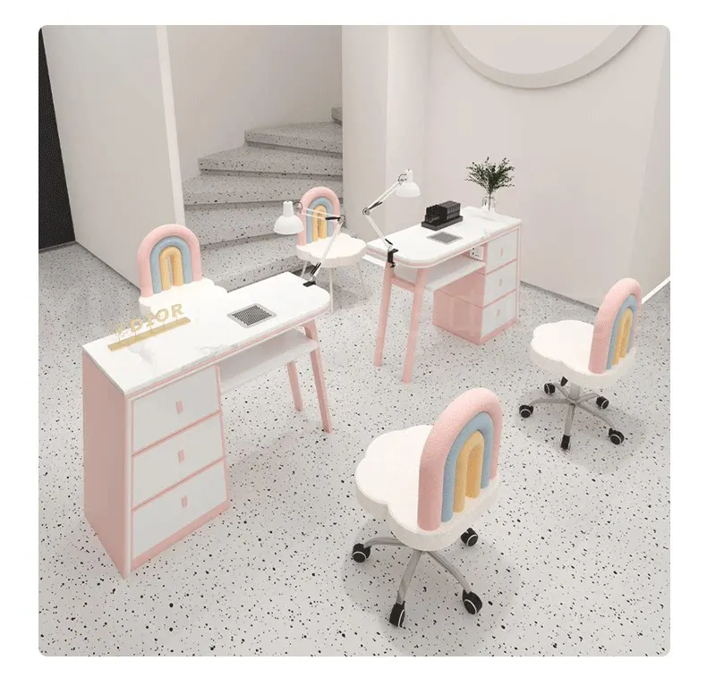 High End Cream Style Nail Art Table and Chair Set with Marble Tabletop and Built-in Vacuum Cleaner for Nail Repair view 4