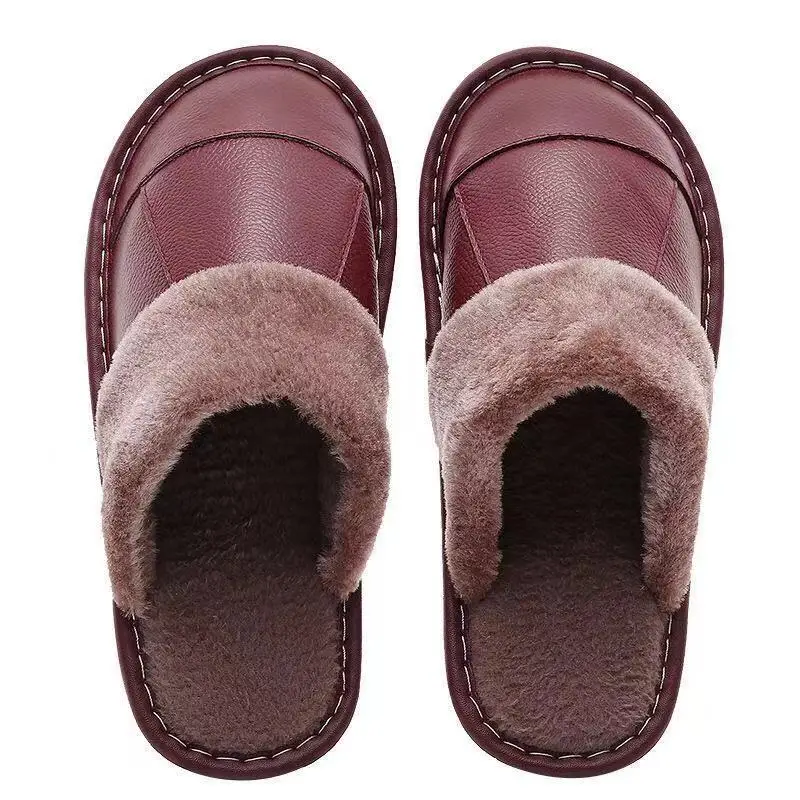 Autumn Winter New Thick Leather Cover Toe Warm Breathable Woman Couple Household Indoor Non-slip Waterproof Cotton Slippers Man