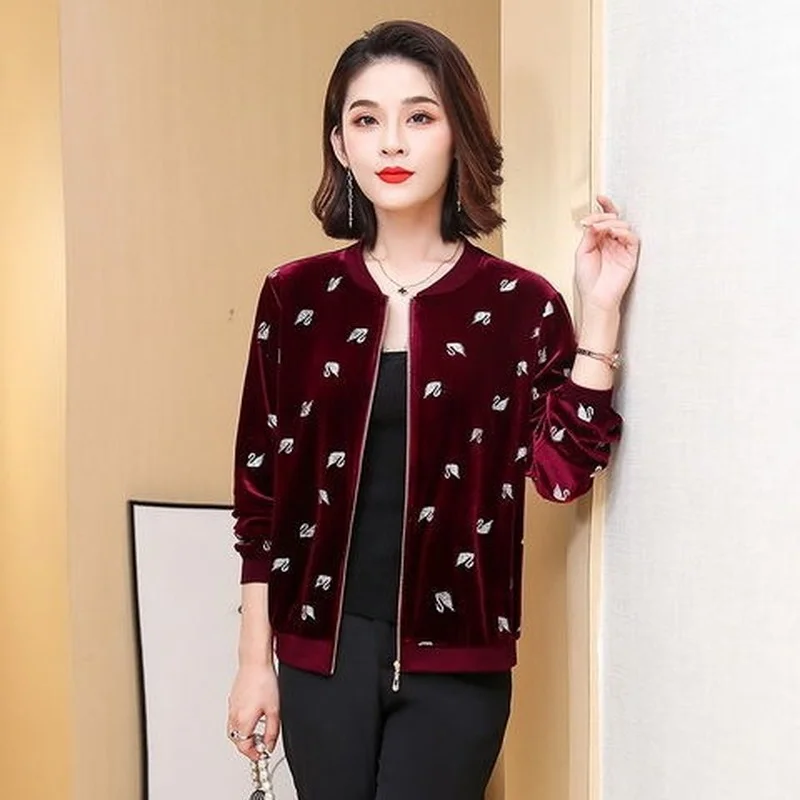 Spring and Autumn Fashion Lady New Gold Velvet Print Coat Top Women Casual Round Neck Long Sleeve Jacket Baseball Uniform Female