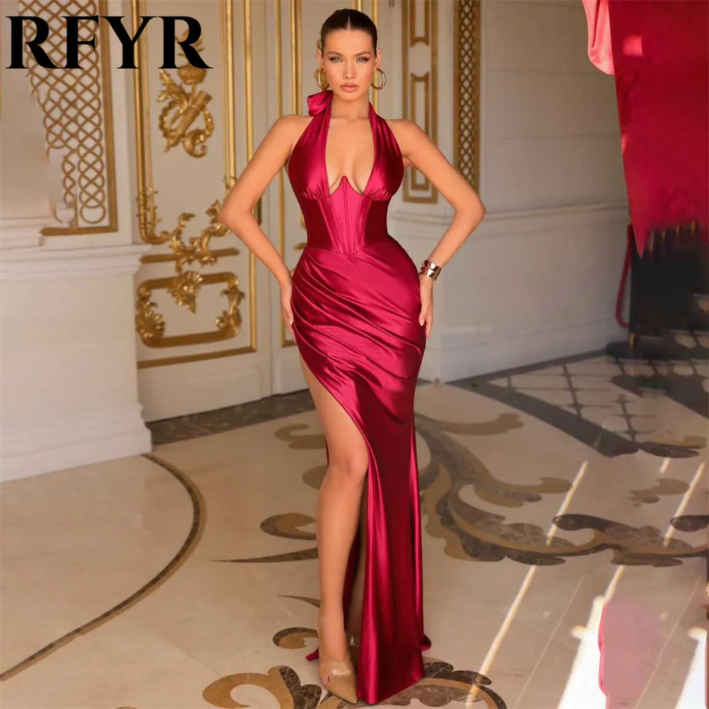 

RFYR Sexy Red Prom Dress Halter Trumpet Evening Dresses Pleats Satin Party Dress with Side Split Floor-length Vestidos De Noche