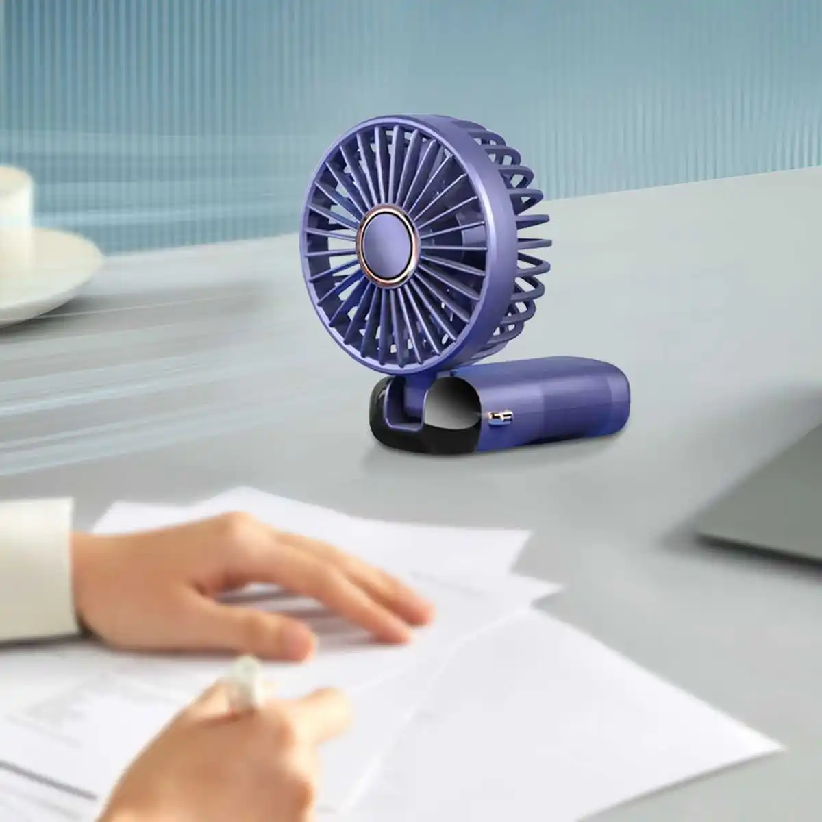Tragbarer, wiederaufladbarer USB-Handventilator, faltbar, mit 5 Geschwindigkeitsstufen, Handyhalterung, digitaler Anzeige, Kühlung, zum Aufhängen am Hals – Detail 5