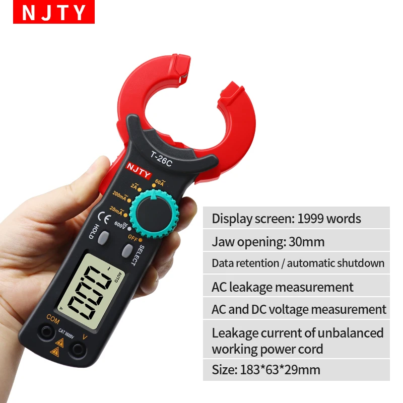 NJTY T-26C DC AC 0.1mA High Precision Digital Clamp Meter Professional Leakage Current Test 20mA~60A Leakage Detection Auto Rang