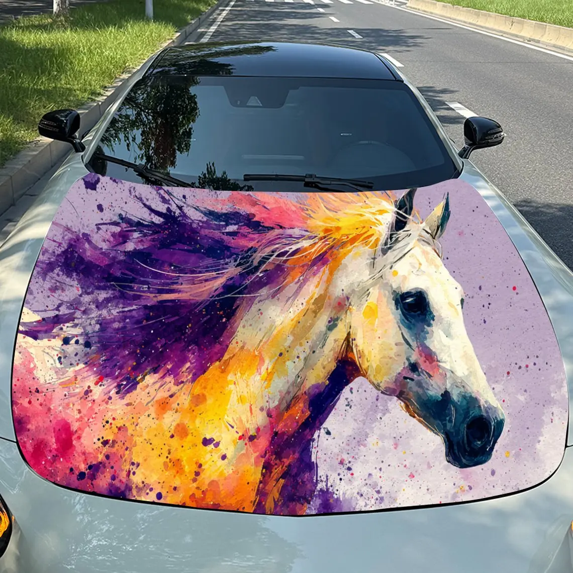 

Vibrant Watercolor Horse Car Hood Stickers - Self-Adhesive, Waterproof and Durable Vinyl Wrap, Decorate And Protect Your Car - T