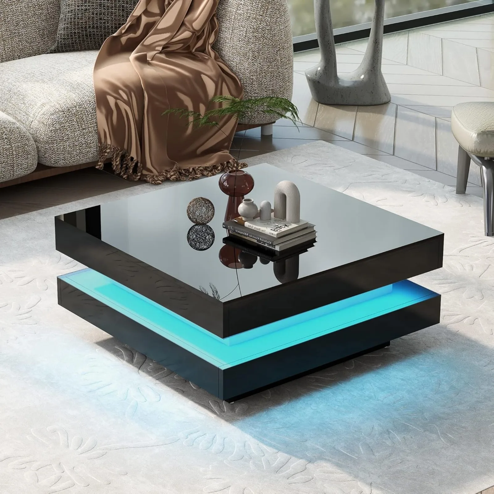US White LED Coffee Table, 2 Tier Square Coffee Table, High Gloss Coffee Table with 16 Colors LED Lights & Remote Control,Modern