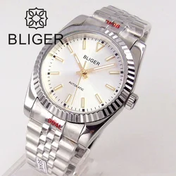 BLIGER 36mm/39mm White Dial NH35 Automatic Watch For Men Silver  Steel Strap  Fluted Polished Bezel Sapphire Glass Glide Lock