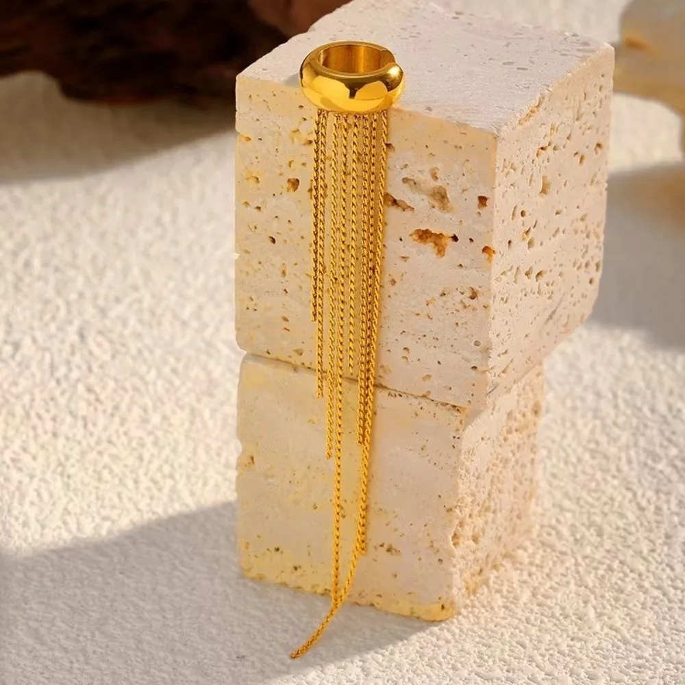 Elegant Long Chain Tassel Ear Cuff Stainless Steel Single Ear Clip Gold Color No Piercing Ear Wrap Charms Jewelry