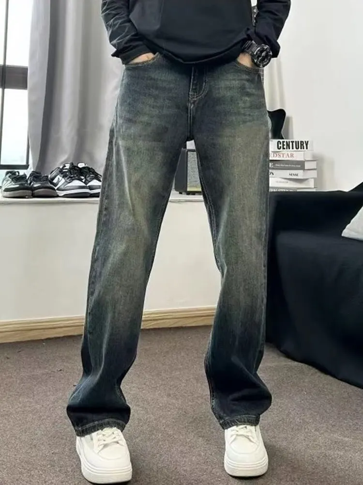 

Мужские джинсы в стиле ретро, свободного кроя, прямые, с эффектом поношенности, универсальные, классические, синие, из денима, для весенней носки