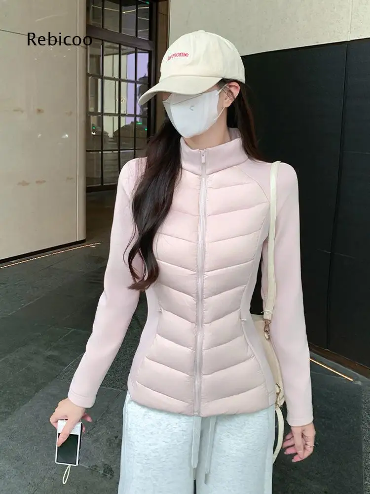 Casual Women Light Splice Padded Jacket Stand Collar Zip Up Stretch Long Sleeve Side Pocket Solid Daily Women Outerwear Coat