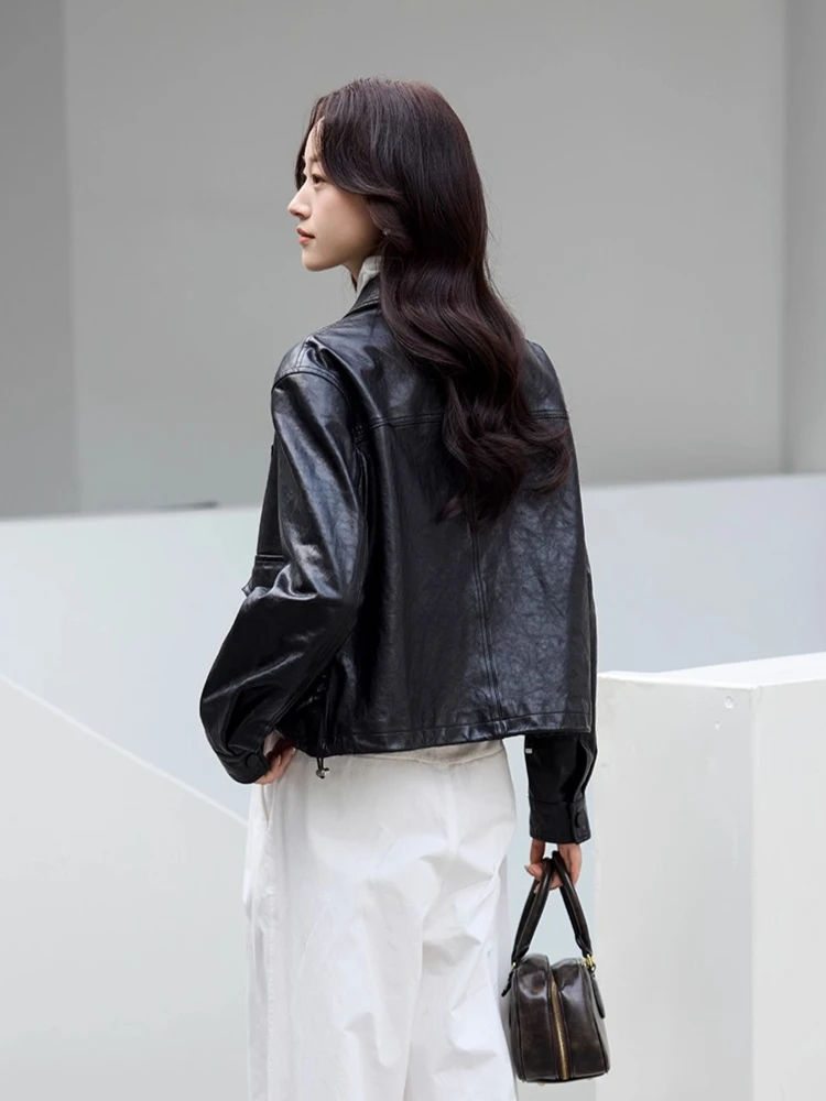Chaqueta corta informal de cuero genuino para motocicleta para mujer primavera otoño 2025 nuevo abrigo de piel de oveja auténtica con cera de aceite suave Simple de gama alta
