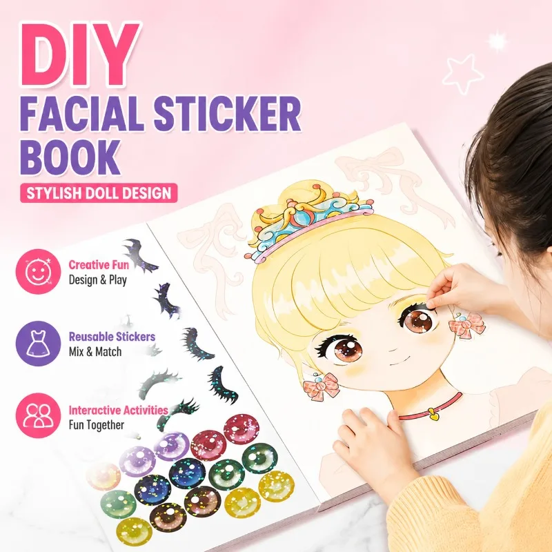 DIY Facial Sticker Book with Stylish Doll Design, Reusable Dress-Up Sticker Set for Creative Fun & Interactive Activities,