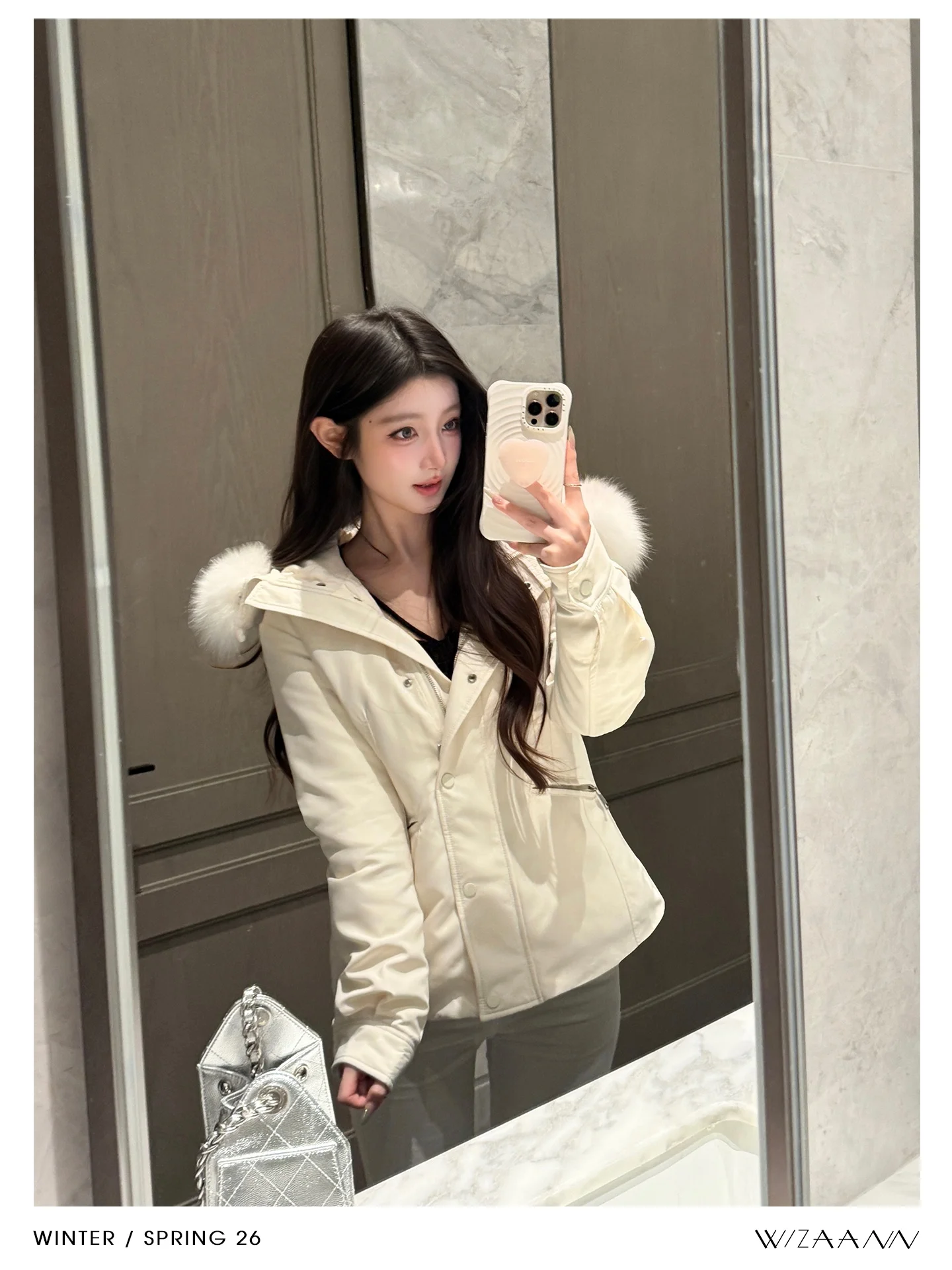 

WizAann Women's Puffer Jacket Hooded Zipper Style Slimming Waist Fur Collar Casual Versatile 90 down Coat Spring Season