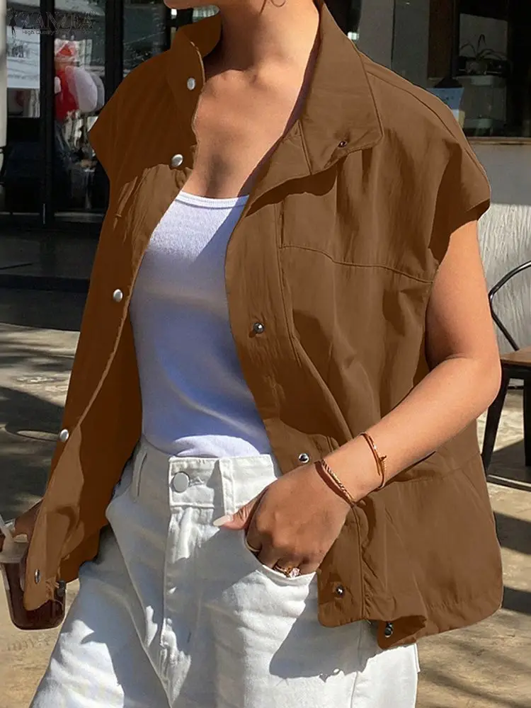 ZANZEA سترات نسائية عصرية ذات ثنيات وياقة مقلوبة وأكمام قصيرة وأزرار علوية بلون سادة وحاشية برباط صدريات نسائية