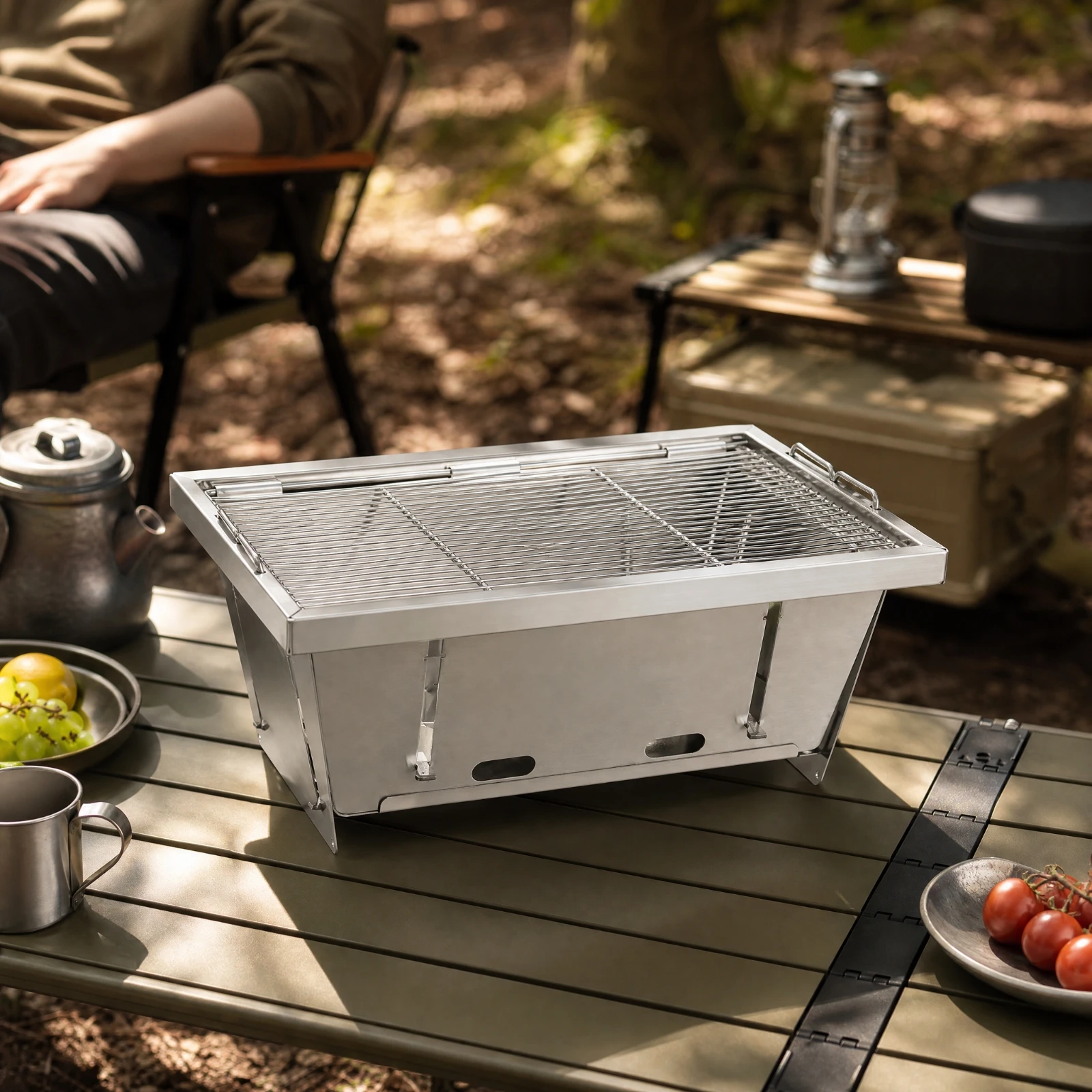 Folding Charcoal Grill with Side Trays Foldable Portable Charcoal Grill Compact Stable for Outdoor Cooking, IGT Modular Tables