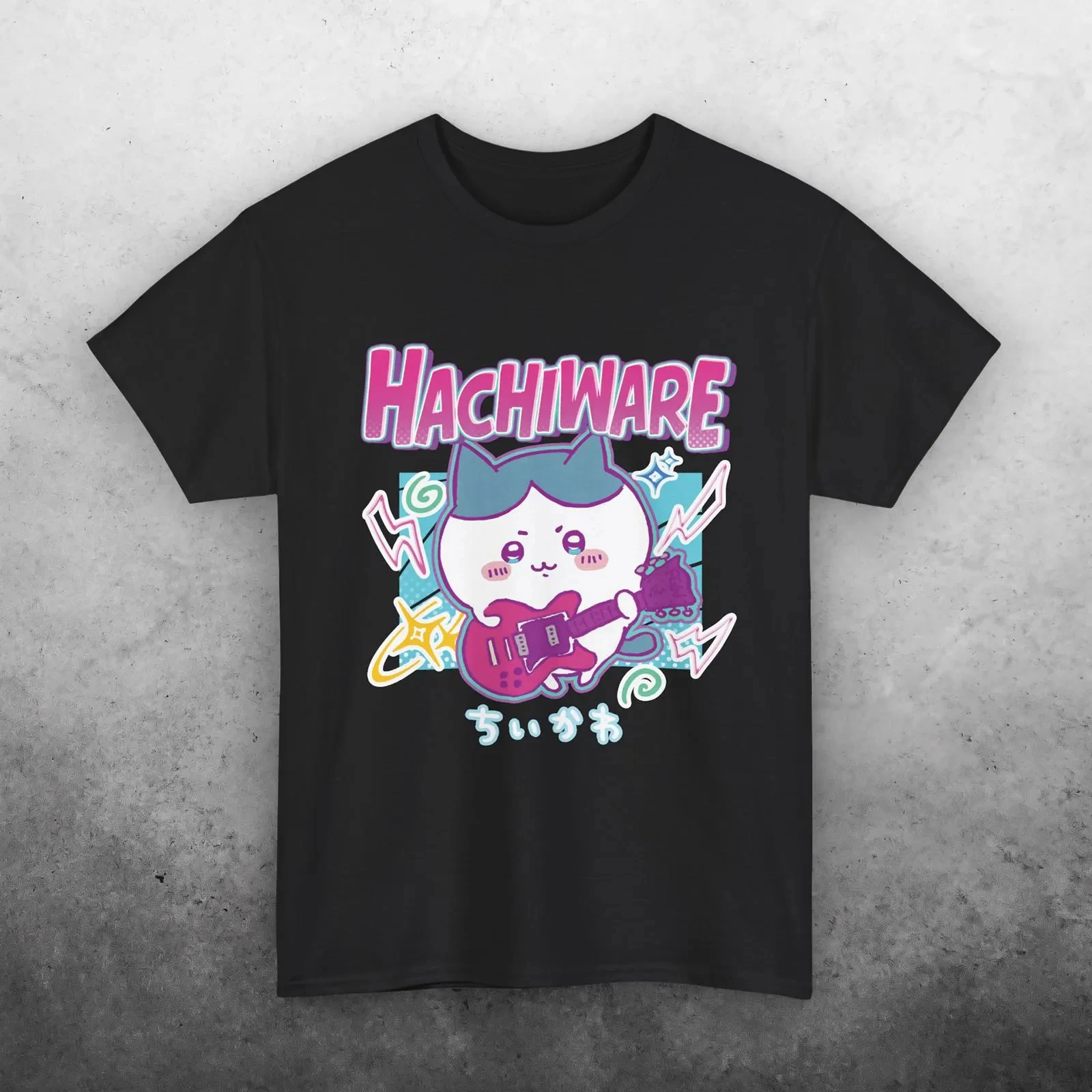 Chiikawa Hachiware Rock Guitar Anime T-shirt Neon Lightning Graphic Cotton Tee Unisex Y2K Punk Casual Streetwear Shirt