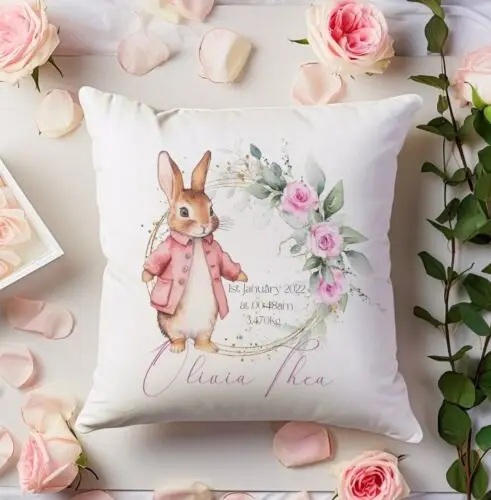 

Sindax Personalised Kids Pink Rabbit cushion, baby shower gift, new born birth present Custom Cushion Cover DIY Customized Throw