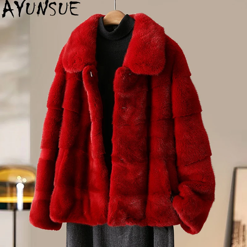 AYUNSUE معطف الفرو الحقيقي ملابس حريمي معاطف نسائية دافئة من المينك الطبيعي سترة شتوية دافئة 2025 جديد في ملابس خارجية شوبانا Жenca